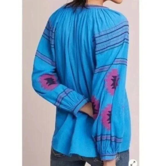 Anthro Maeve Blue & Pink Runaway Boho Southwestern Embroidered Peasant Top XS - Picture 4 of 16
